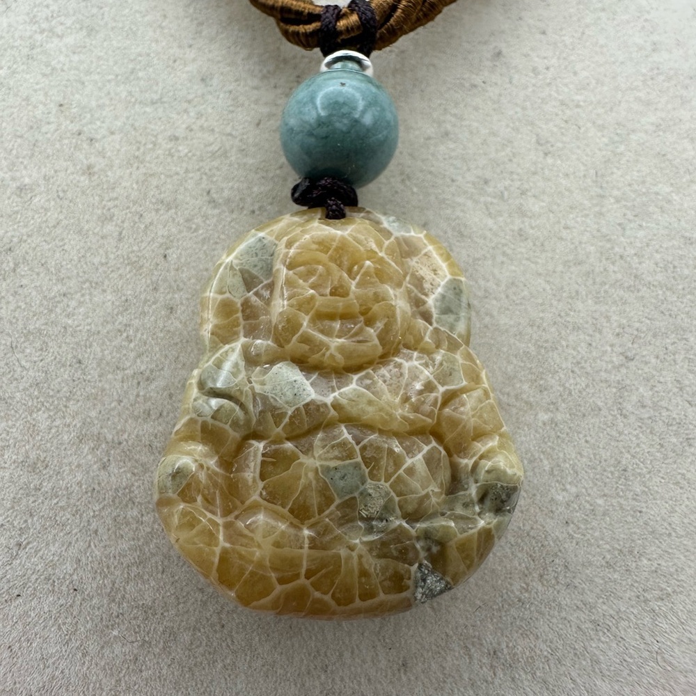 Coral Fossil Buddha Pendant Necklace Sterling Silver and Jade Accent Beads - Picture 7 of 10
